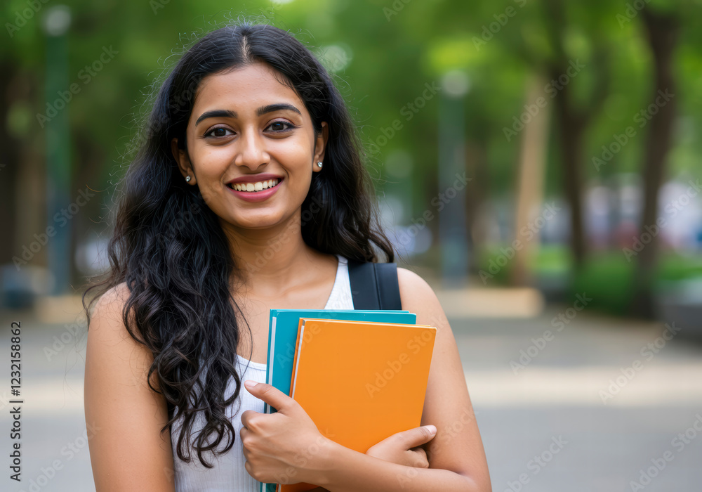 Confident Young Indian Woman at Campus, Embracing Learning with Books and a Bright Academic Spirit Confident Young Indian Woman at Campus, Embracing Learning with Books and a Bright Academic Spirit