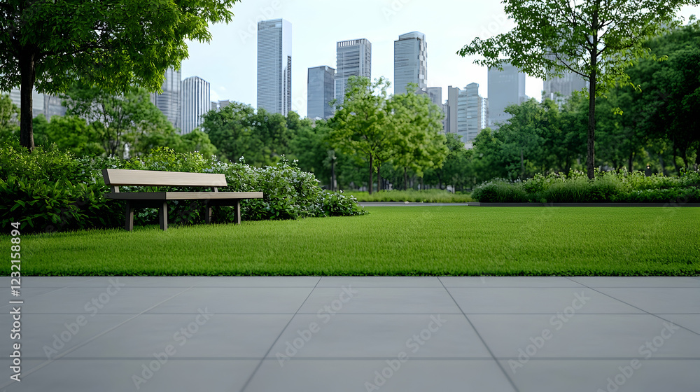 Tranquil city park bench, green lawn, cityscape backdrop; ideal for relaxation, urban nature themes Tranquil city park bench, green lawn, cityscape backdrop; ideal for relaxation, urban nature themes