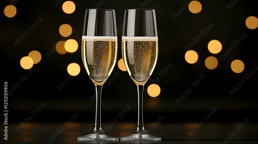 Two champagne flutes, celebratory toast, bokeh background, New Year's Eve Two champagne flutes, celebratory toast, bokeh background, New Year's Eve