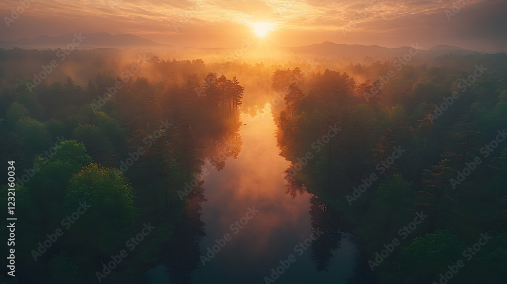 Sunrise River Forest Photo, Golden Hour Landscape