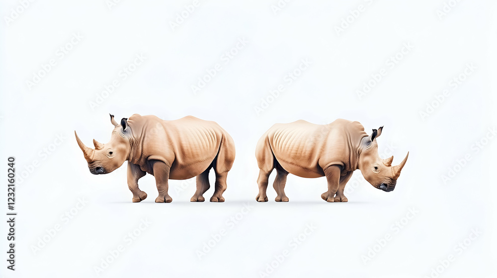Fototapeta premium Two rhinos facing opposite directions on white background, wildlife conservation