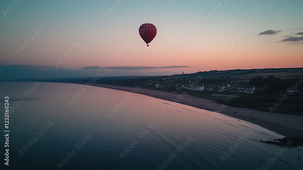 Red Hot Air Balloon Soaring Over Coastal Town at Sunset Red Hot Air Balloon Soaring Over Coastal Town at Sunset