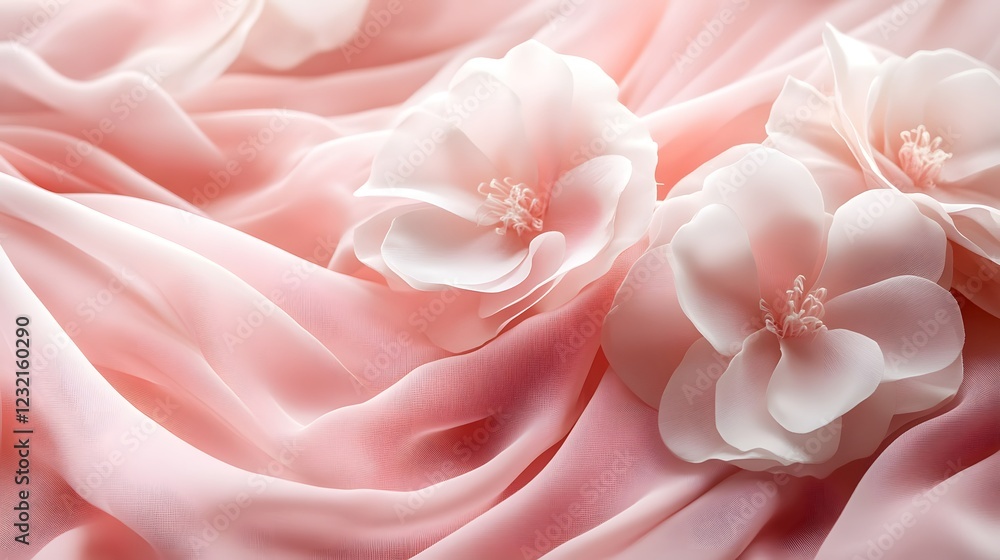Delicate Blooms on Soft Pink Fabric: Two delicate white flowers with soft pink centers rest atop a flowing expanse of luxurious pink fabric, creating a stunning backdrop for elegant designs. Delicate Blooms on Soft Pink Fabric: Two delicate white flowers with soft pink centers rest atop a flowing expanse of luxurious pink fabric, creating a stunning backdrop for elegant designs.