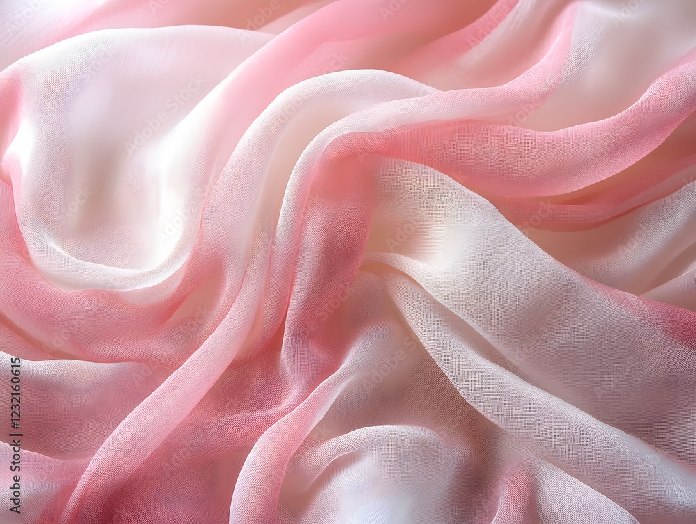 Fototapeta premium Pink and White Silk Fabric Texture: Delicate blush pink and ivory silk fabric, softly draped in luxurious folds, creates an elegant and romantic texture.
