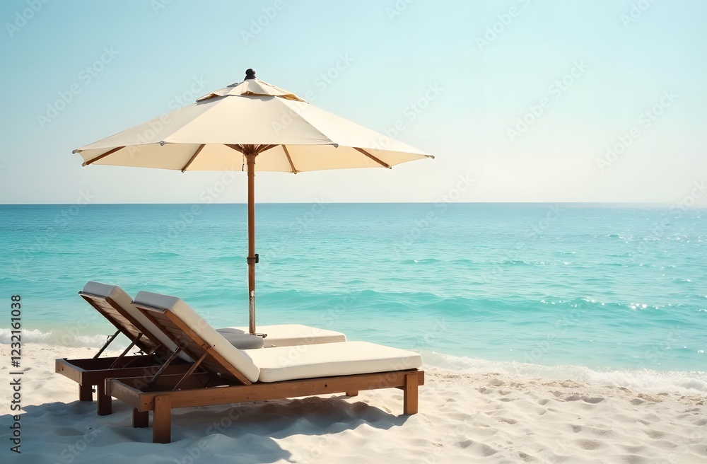 Obraz premium Beautiful beach . Peaceful beach landscape. White sand, deck chairs and an umbrella against the backdrop of a wide panorama. The concept of rest, vacation at sea