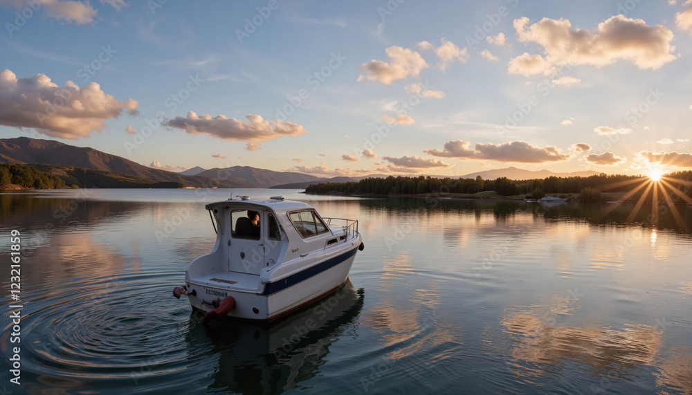 Boat sailing on calm lake at sunset Boat sailing on calm lake at sunset