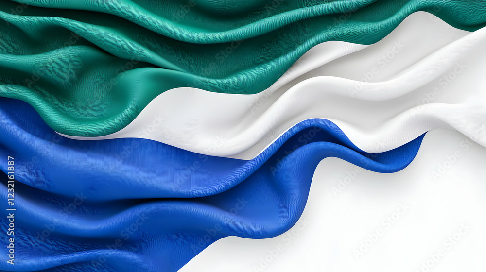 Fototapeta premium Waving green, white, and blue flag, elegant fabric texture, isolated on white background, ideal for patriotic designs