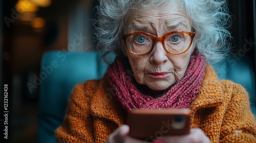 Anxious and Stressed Elderly Woman Holding a Small Object, Expressing Nervousness and Worry, Close-up Portrait of a Senior Person in Distress photo