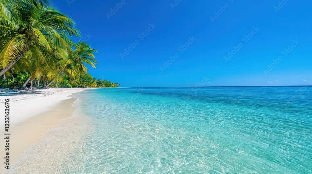 A beautiful beach with palm trees and a clear blue ocean A beautiful beach with palm trees and a clear blue ocean