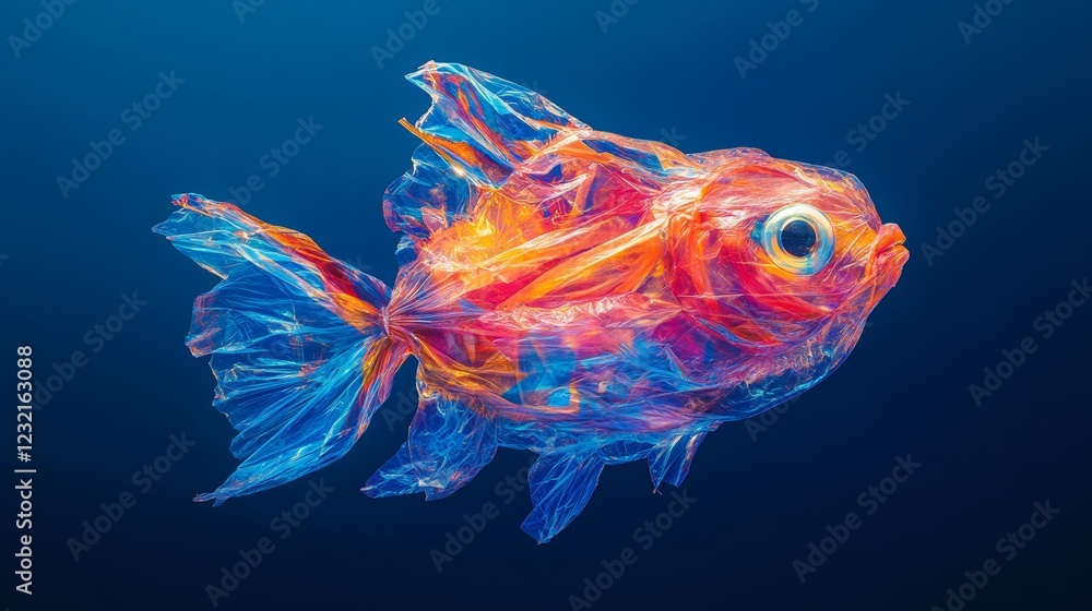 Obraz premium Goldfish trapped in plastic bag swimming in the ocean