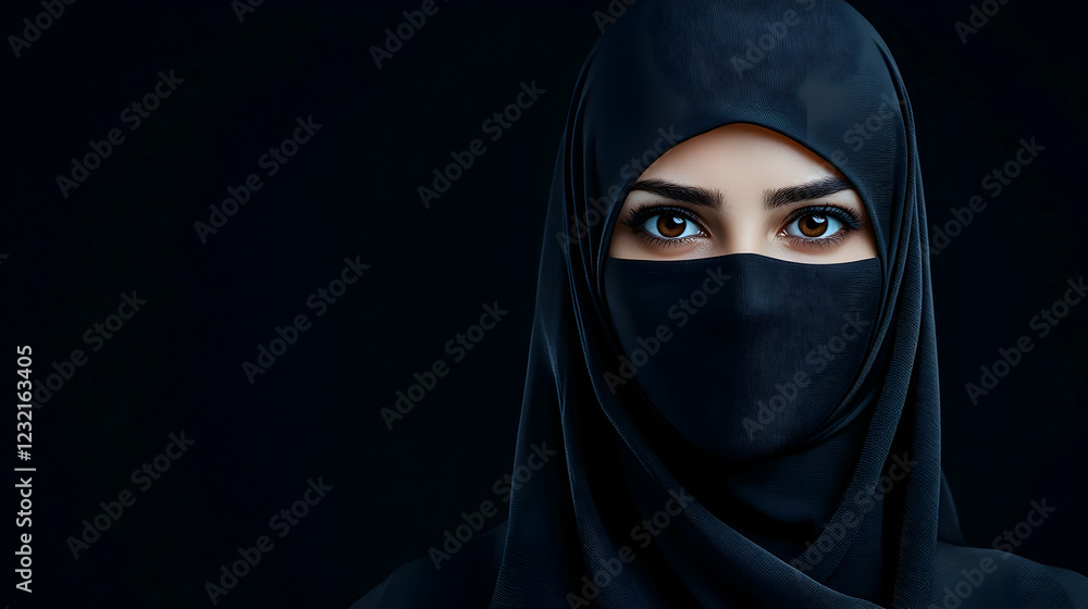 Woman in niqab, intense gaze, dark background, portrait photography, ideal for diversity, fashion, or religious themes Woman in niqab, intense gaze, dark background, portrait photography, ideal for diversity, fashion, or religious themes