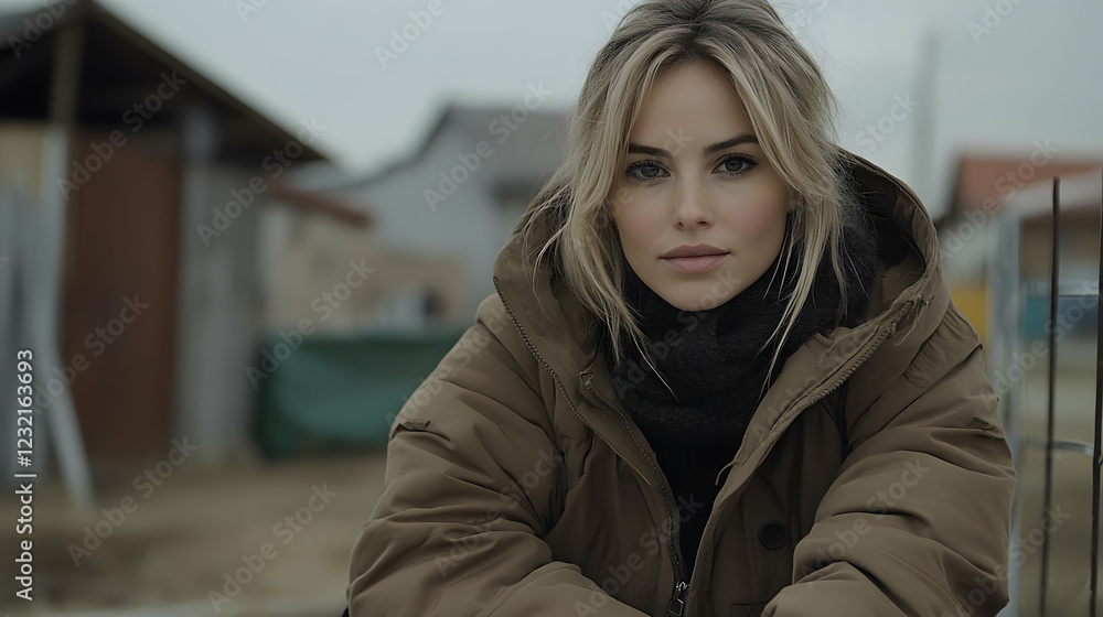 Fototapeta premium Woman, winter coat, village background, serious expression, fashion editorial