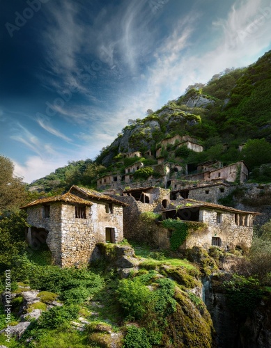 Wallpaper Mural Pueblo abandonado, en la montaña cubierto de maleza por el paso del tiempo. Despoblación Torontodigital.ca