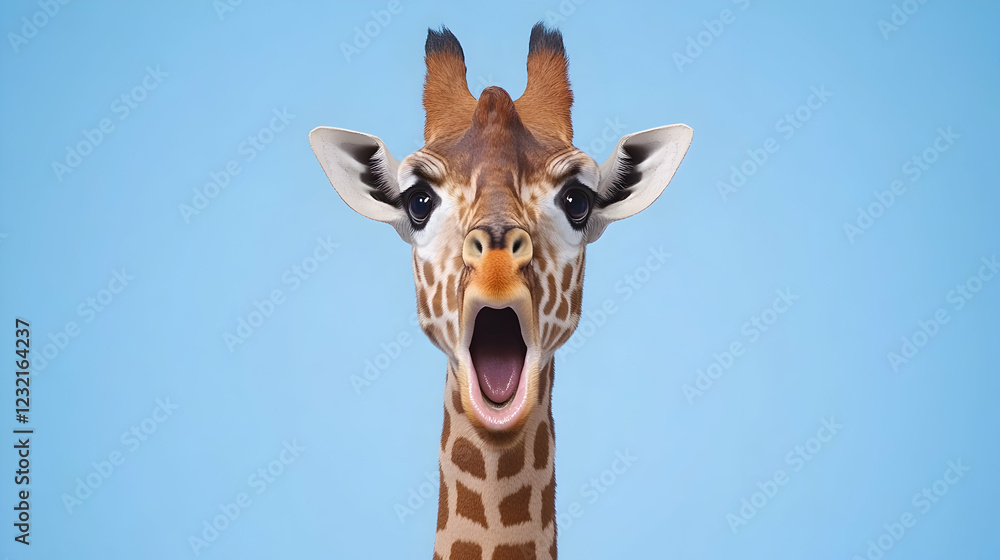 Fototapeta premium Yawning giraffe head close-up, light blue background, wildlife illustration
