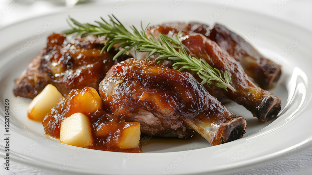 Braised lamb shanks are arranged on a white plate, garnished with a rosemary sprig and served with a side of cooked fruit. Braised lamb shanks are arranged on a white plate, garnished with a rosemary sprig and served with a side of cooked fruit.