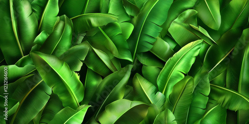 Tropical luxury exotic seamless pattern with vibrant green banana leaves and palm fronds. The hand-drawn vintage 3D illustration captures the lush, dense foliage, bringing a rich, tropical vibe to the