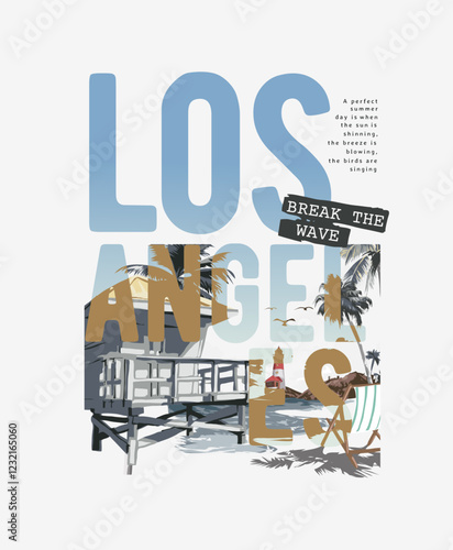 Los Angeles slogan on beach hut background vector illustration for fashion print