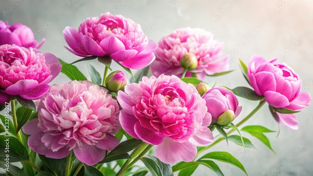 Vibrant pink peonies in full bloom against a soft white background, with delicate green leaves and a subtle texture Vibrant pink peonies in full bloom against a soft white background, with delicate green leaves and a subtle texture
