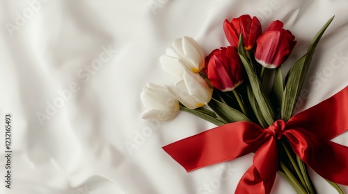A bundle of assorted tulips tied with a red satin ribbon, petals in romantic tones, cut out on a clean white background, elegant simplicity