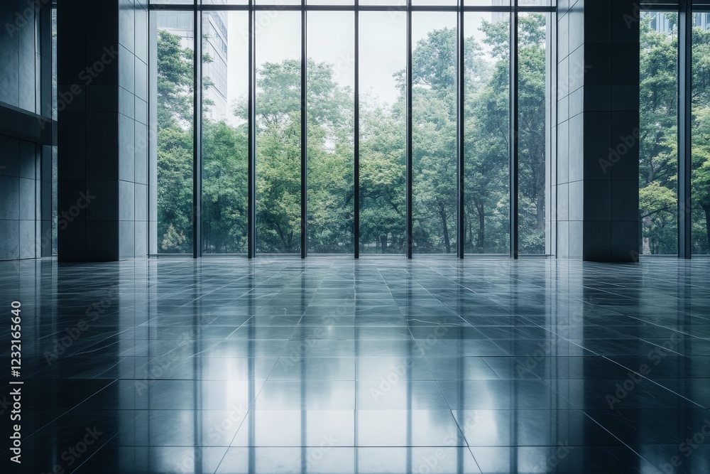 Modern building interior with large windows showing green trees and city view. Modern building interior with large windows showing green trees and city view.