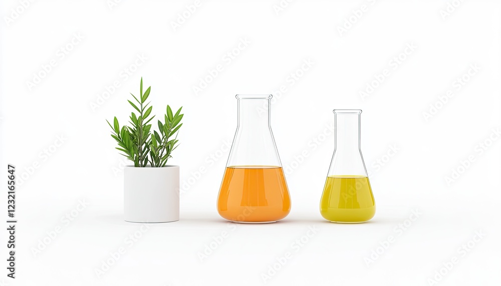 Two glass beakers filled with vibrant liquids stand beside a small green plant on a clean, white background Two glass beakers filled with vibrant liquids stand beside a small green plant on a clean, white background