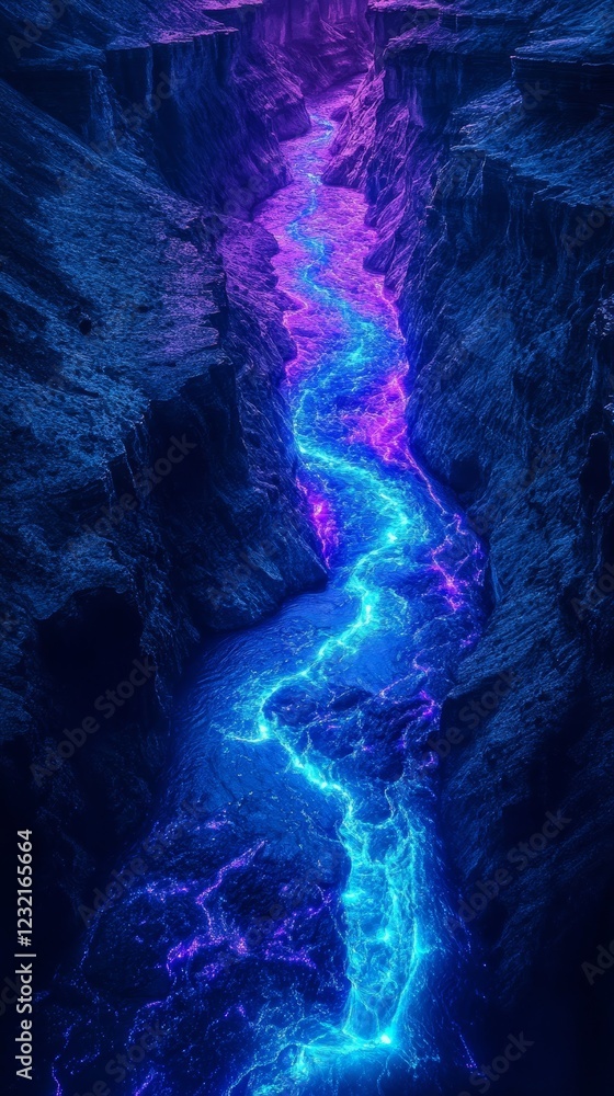 Naklejka premium Bioluminescent river flowing through a deep canyon at night