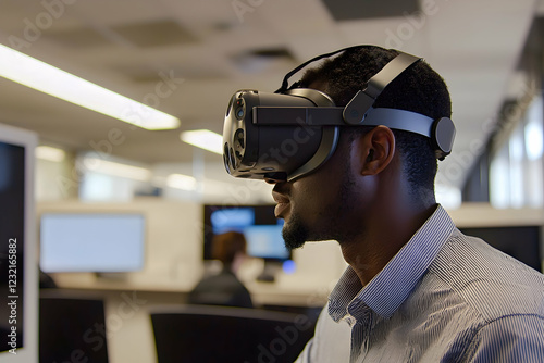 Office worker using a virtual reality headset for training photo