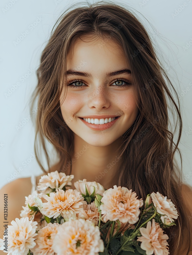 Smiling young woman holding flowers in a bright setting. Generative AI Smiling young woman holding flowers in a bright setting. Generative AI