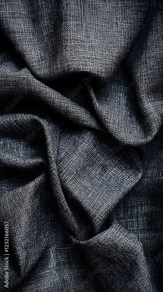 Obraz premium Textured Charcoal Fabric: A close-up shot reveals the intricate texture of a charcoal-colored fabric, the soft folds creating a dynamic interplay of light and shadow.
