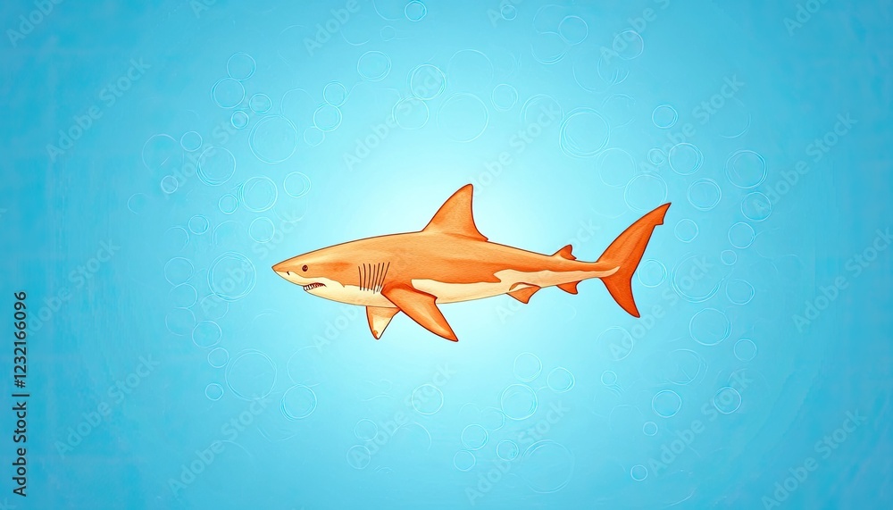 Fototapeta premium Vibrant illustration of a shark swimming gracefully in a blue underwater environment with bubbles