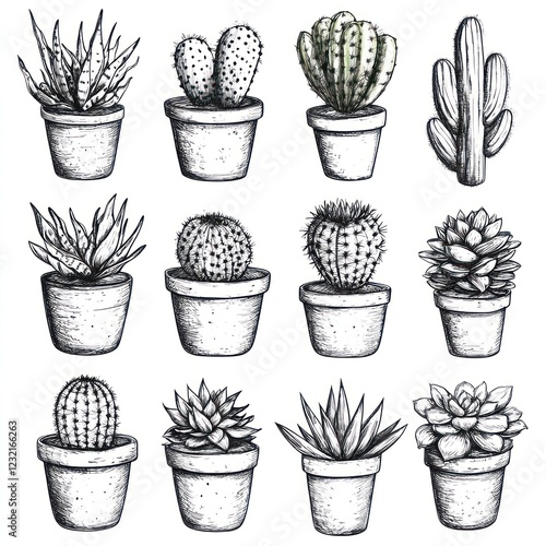 A Collection Of Potted Cacti And Succulents In Ink Drawings photo