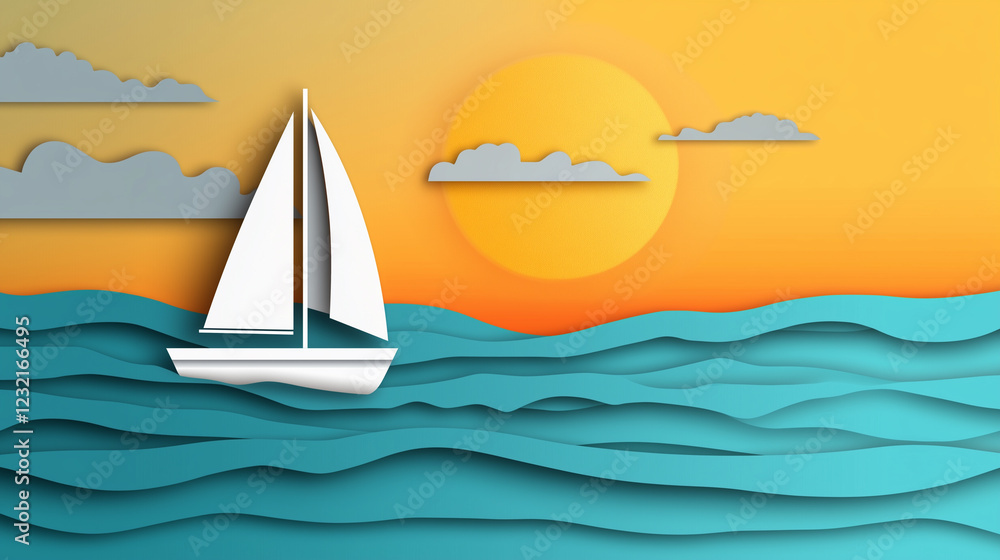 Fototapeta premium Sailing boat on a calm summer sea with Paper cut out effect