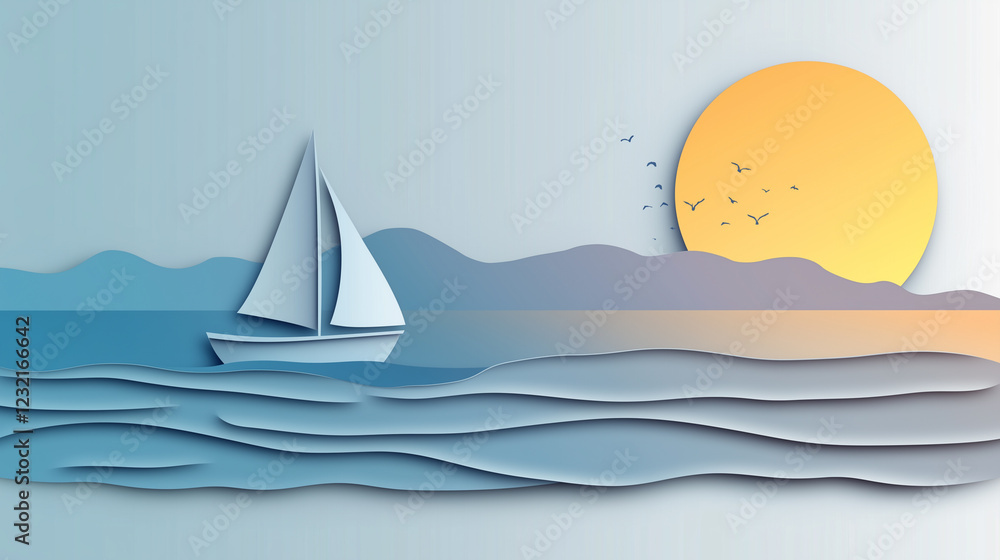 Naklejka premium Sailing boat on a calm summer sea with Paper cut out effect
