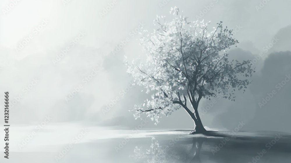 Solitary tree reflecting in misty lake, serene landscape, peaceful nature scene, ideal for meditation or tranquility themes Solitary tree reflecting in misty lake, serene landscape, peaceful nature scene, ideal for meditation or tranquility themes