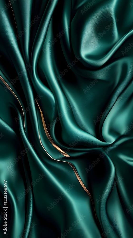 Obraz premium Emerald Silk Drape: Luxurious emerald green silk fabric elegantly draped, creating soft, flowing curves and subtle highlights. The image evokes a sense of sophistication and opulence. 