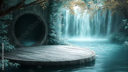 Mystical waterfall forest platform product display
