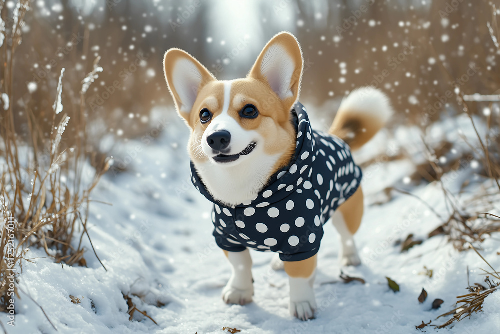 Corgi wearing polka dot jacket enjoying snowy trail in winter wonderland on a sunny day Corgi wearing polka dot jacket enjoying snowy trail in winter wonderland on a sunny day