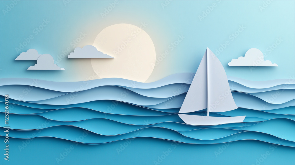 Naklejka premium Sailing boat on a calm summer sea with Paper cut out effect