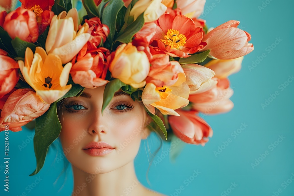 Spring blooms adorn a woman’s head in vibrant floral beauty. Generative AI Spring blooms adorn a woman’s head in vibrant floral beauty. Generative AI