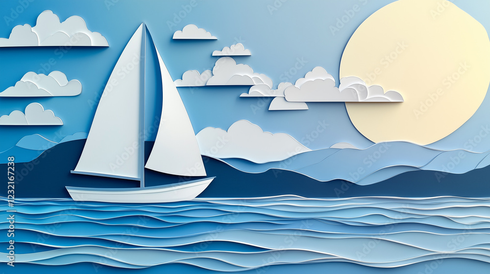 Naklejka premium Sailing boat on a calm summer sea with Paper cut out effect