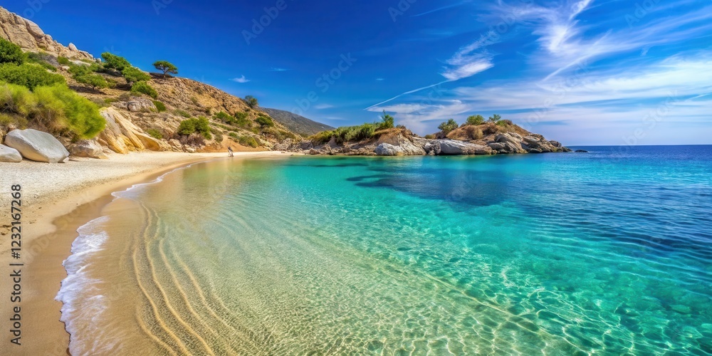 Sunny tranquil paradise beach at Livadi in Ikaria island with crystal clear blue water and white sandy shore Sunny tranquil paradise beach at Livadi in Ikaria island with crystal clear blue water and white sandy shore
