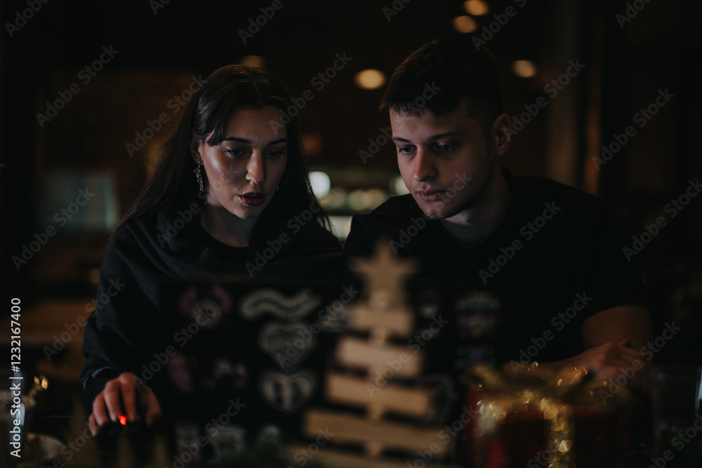 Two individuals collaborating on a laptop during a cozy evening setting Two individuals collaborating on a laptop during a cozy evening setting