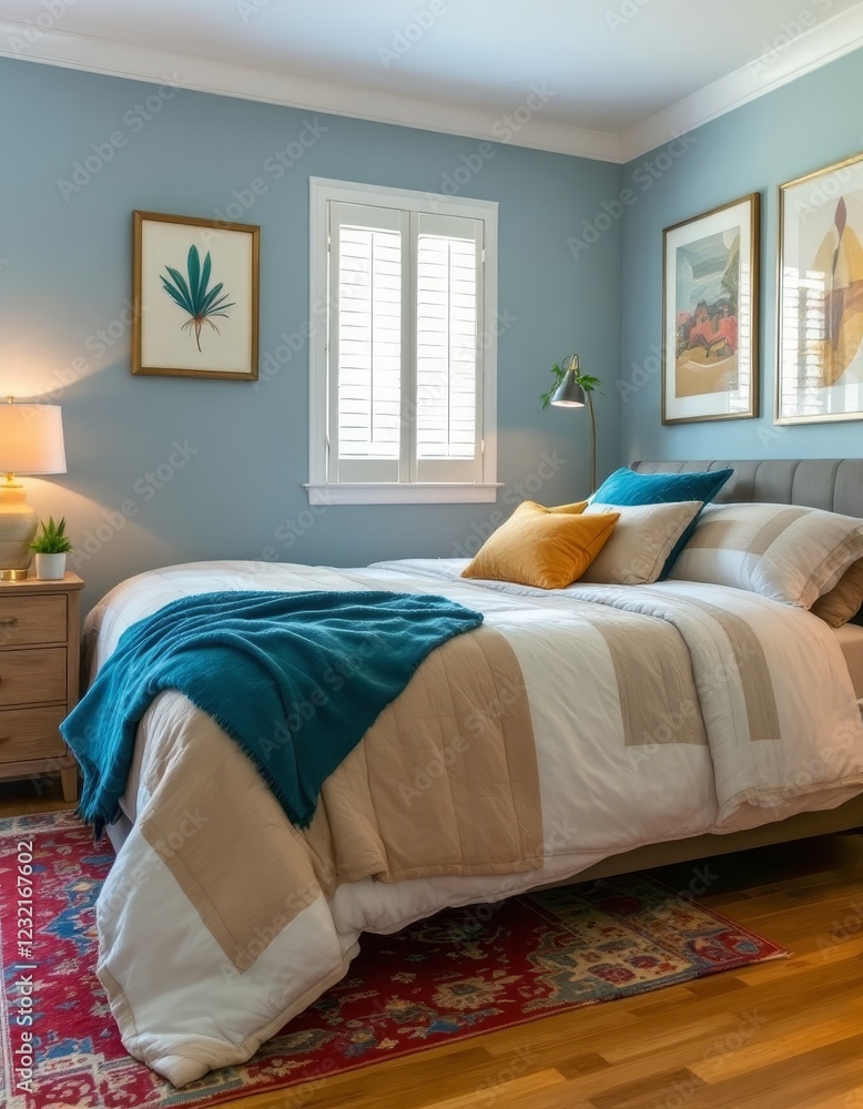 Obraz premium Serene Bedroom Sanctuary with Earthy Tones and Artistic Flair in Soft Light