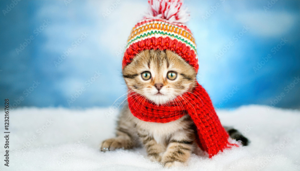 Cute kitten dressed in winter hat and scarf, sitting on soft snow background Cute kitten dressed in winter hat and scarf, sitting on soft snow background