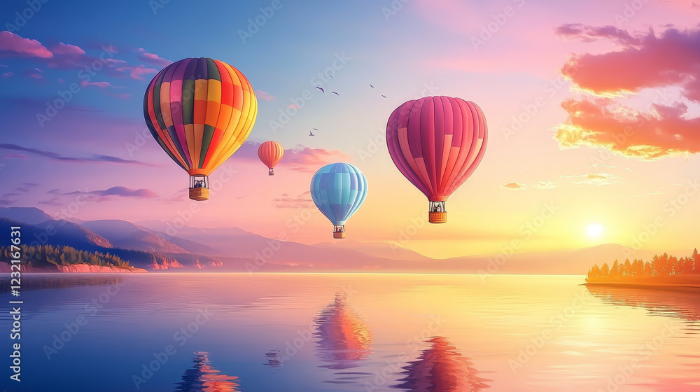 Fototapeta premium Posters with hot air balloon fly above sea or lake at night, sunset and day. Vector flyers of airship flight with cartoon flying bright hot air balloon with basket and reflection in water surface