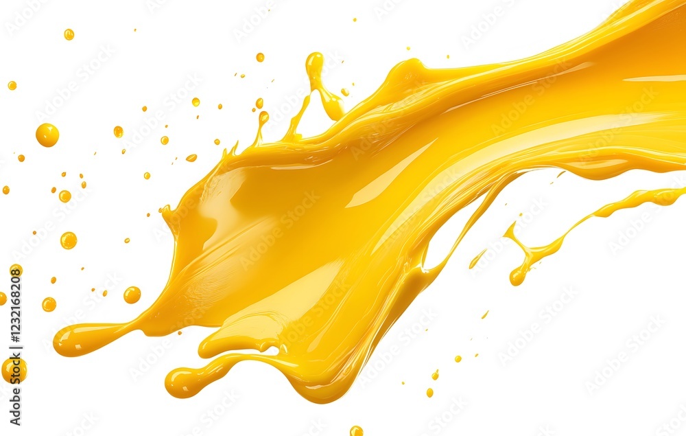 Fototapeta premium Vibrant yellow paint fluid flowing on a white background, creates a visual effect, generative AI
