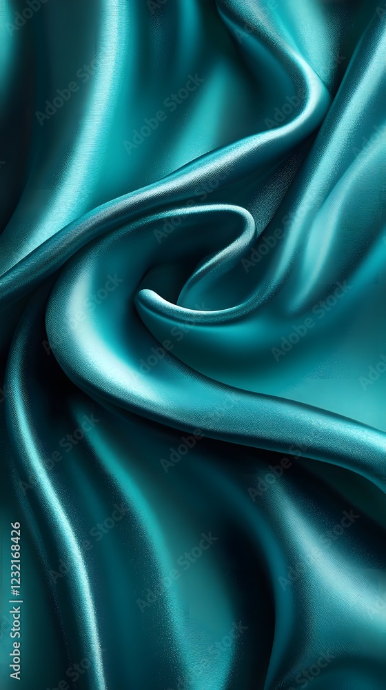 Fototapeta premium Teal Silk Drape: Luxurious teal silk fabric elegantly drapes and flows, creating a mesmerizing pattern of curves and folds.