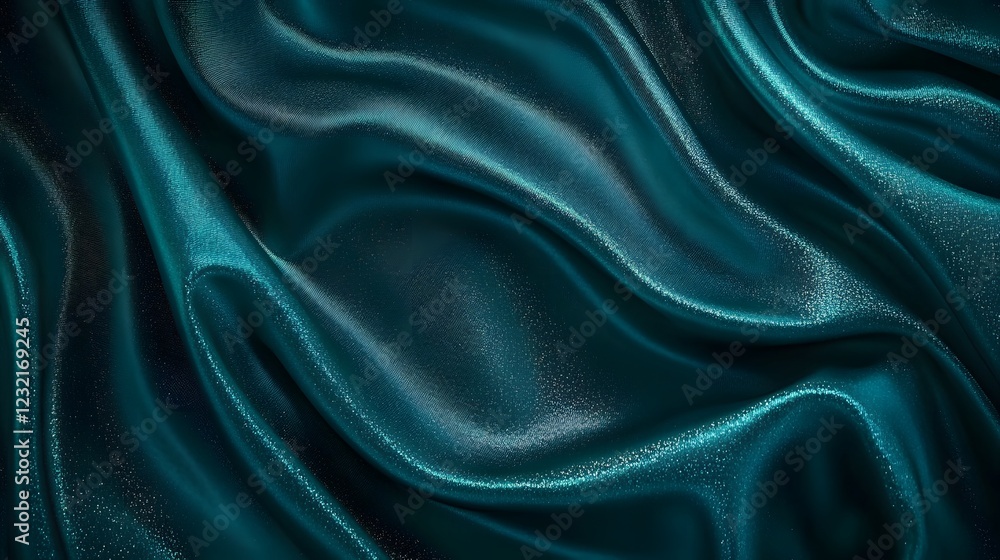 Fototapeta premium Emerald Silk Drape: A luxuriously textured emerald green silk fabric forms a graceful cascade of flowing waves, its rich color and smooth texture evoking elegance and sophistication.