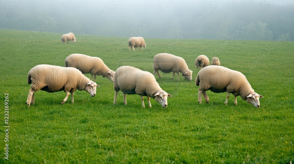 Flock of sheep grazing peacefully on a lush green pasture, enjoying the tranquil atmosphere of a misty morning in the serene countryside landscape Flock of sheep grazing peacefully on a lush green pasture, enjoying the tranquil atmosphere of a misty morning in the serene countryside landscape