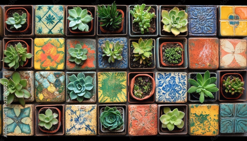 Artistic Arrangement of Vibrant Green Succulents in Small Pots on Patterned Tiles A Stunning Display of Organized Miniature Plants, showcasing Colorful Hand-painted Tiles and Lush Greenery for Home Artistic Arrangement of Vibrant Green Succulents in Small Pots on Patterned Tiles A Stunning Display of Organized Miniature Plants, showcasing Colorful Hand-painted Tiles and Lush Greenery for Home